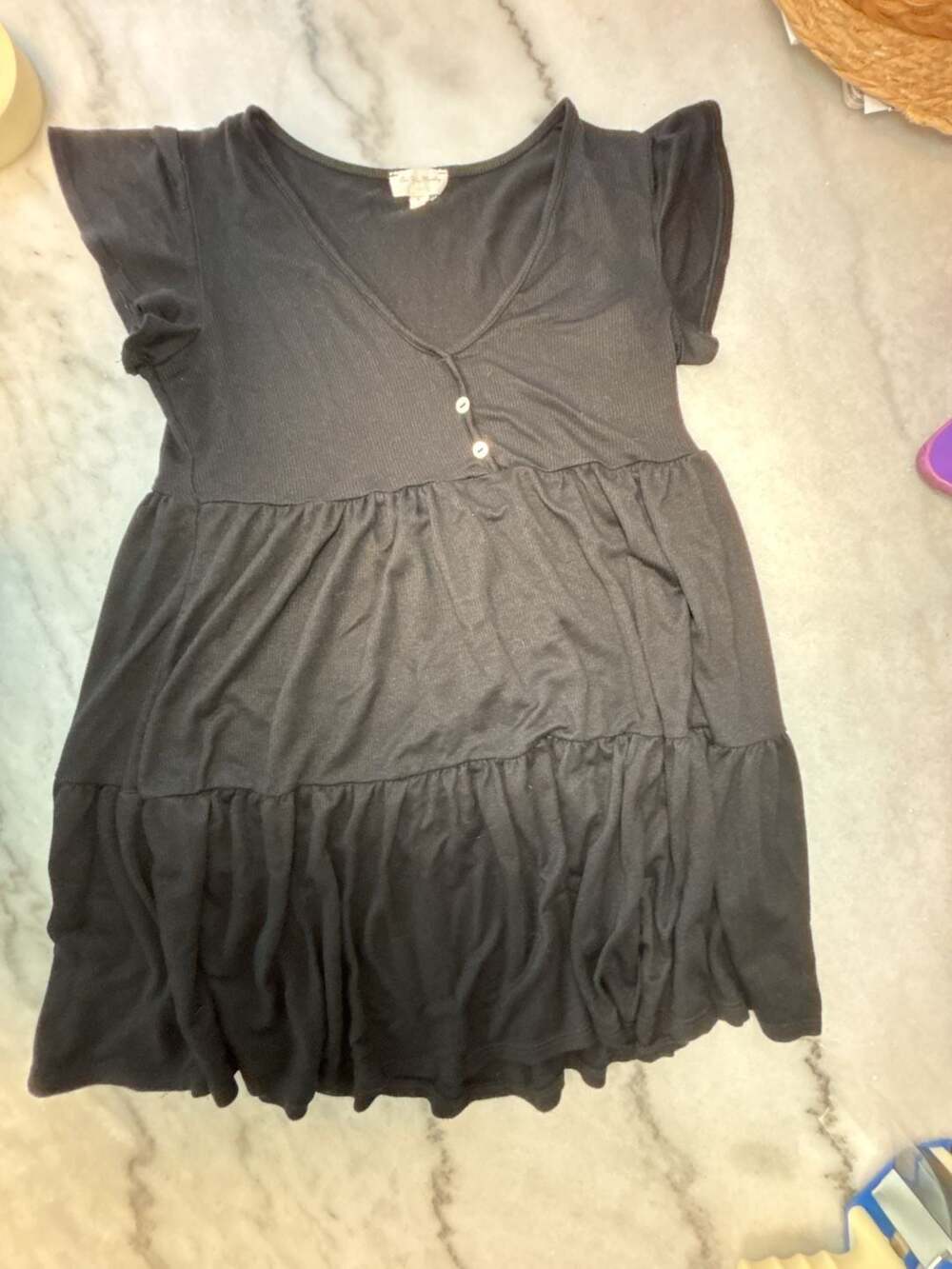 See You Monday Tiered Babydoll Dress Black Ribbed Short Sleeve